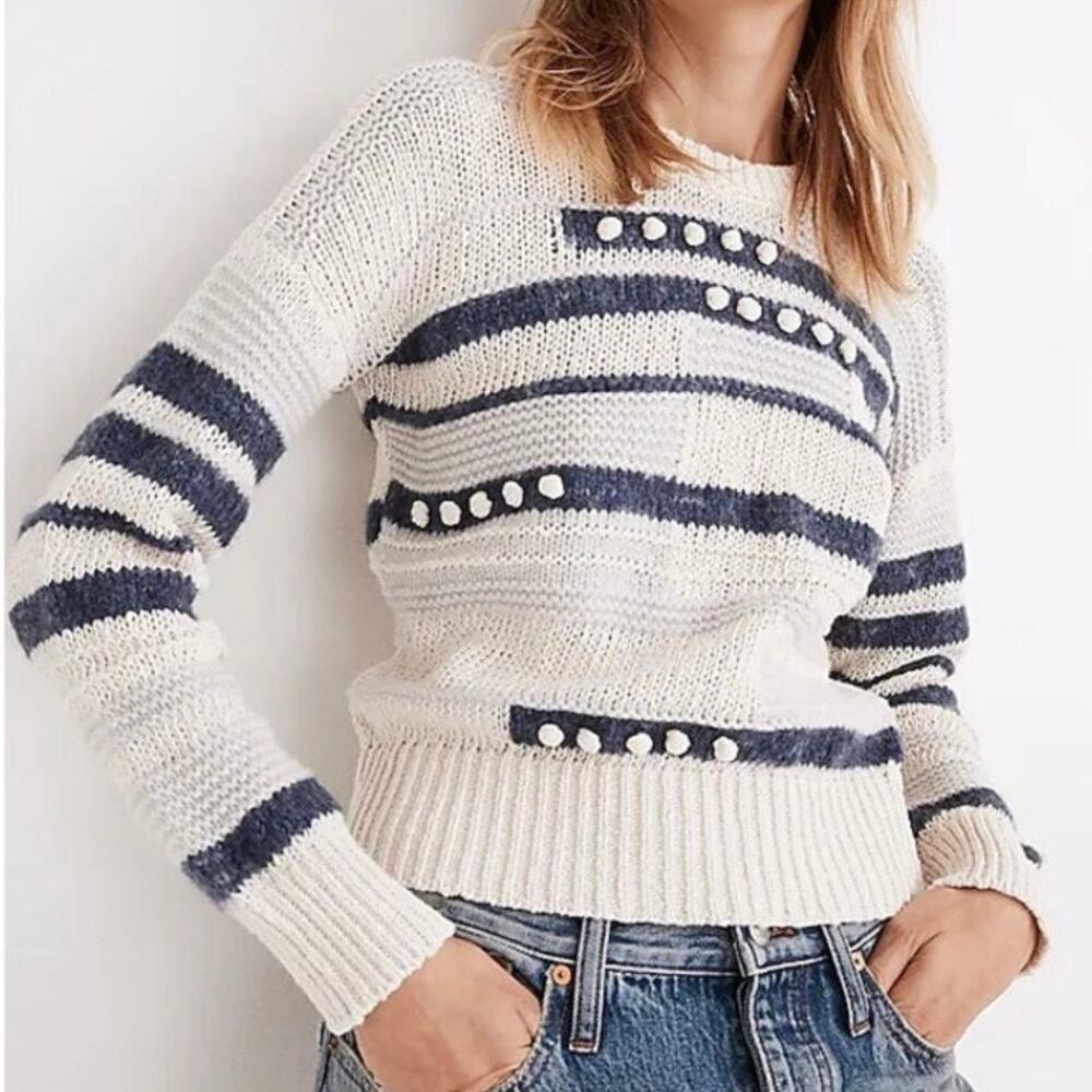 Madewell Women's Grandover Bobble Open Knit Sweater XS Cream Blue